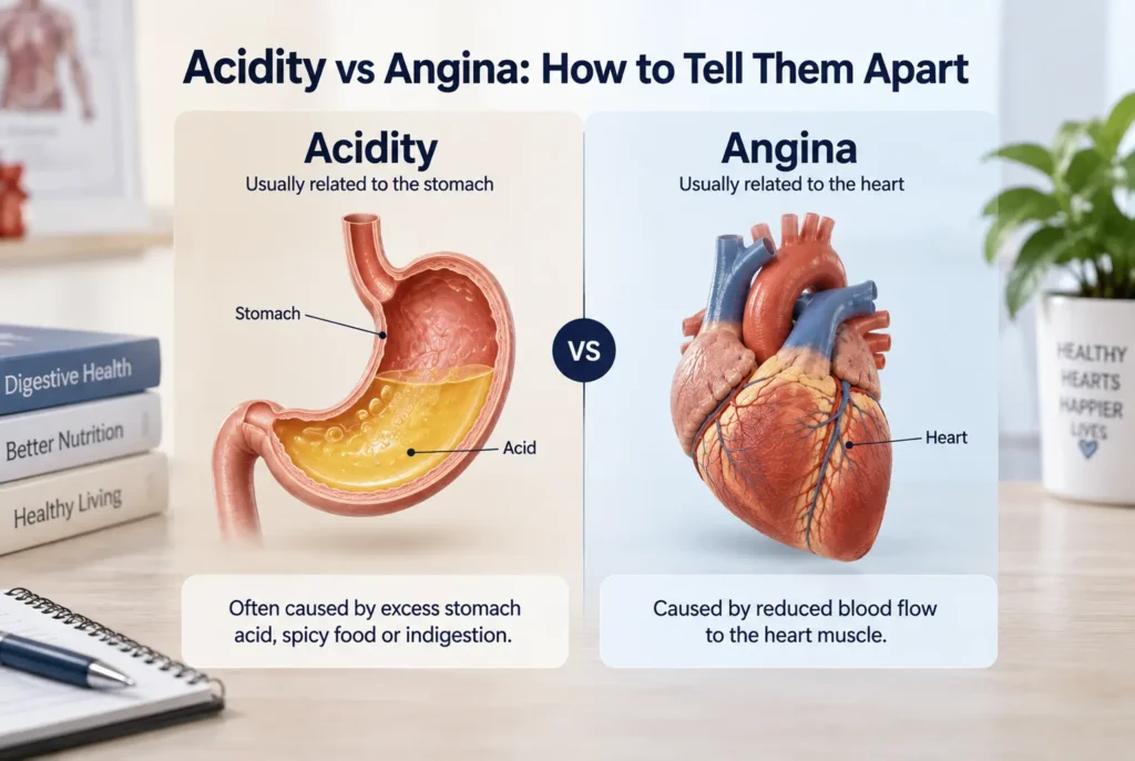 Acidity vs angina showing stomach acid and angina symptoms related to reduced blood flow to the heart