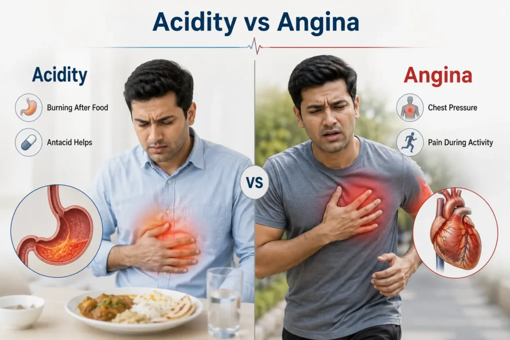 Difference between acidity and angina chest pain symptoms comparison chart