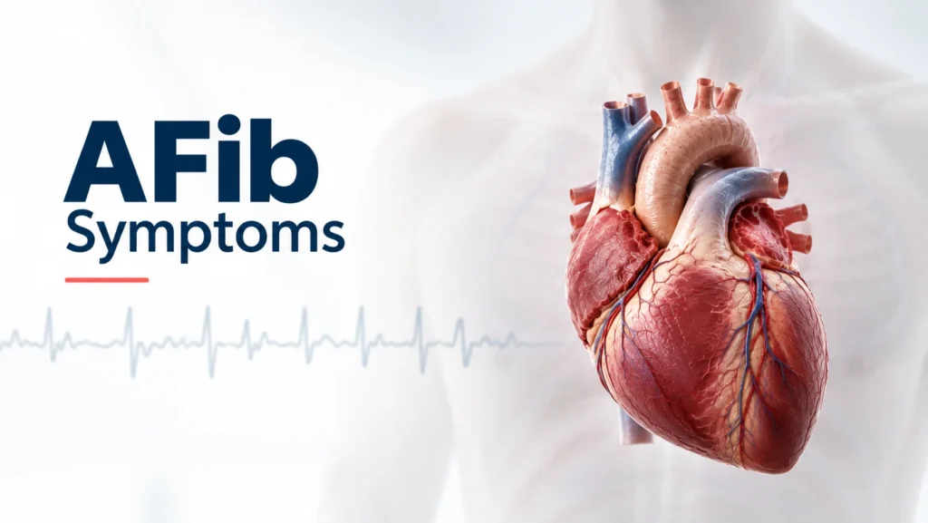 AFib symptoms and atrial fibrillation shown with an anatomical heart