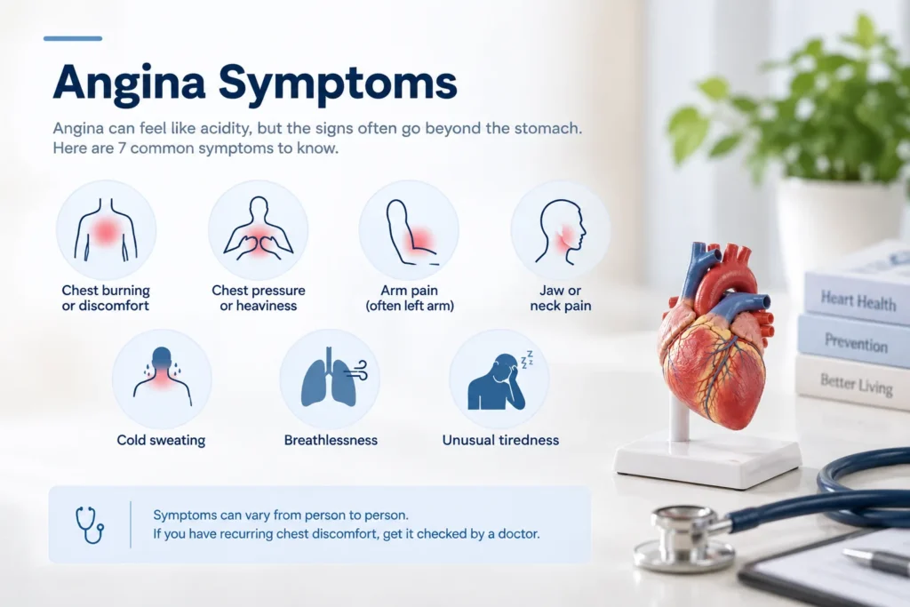 Angina symptoms including chest discomfort, chest pressure, arm pain, jaw or neck pain, sweating, breathlessness and unusual tiredness