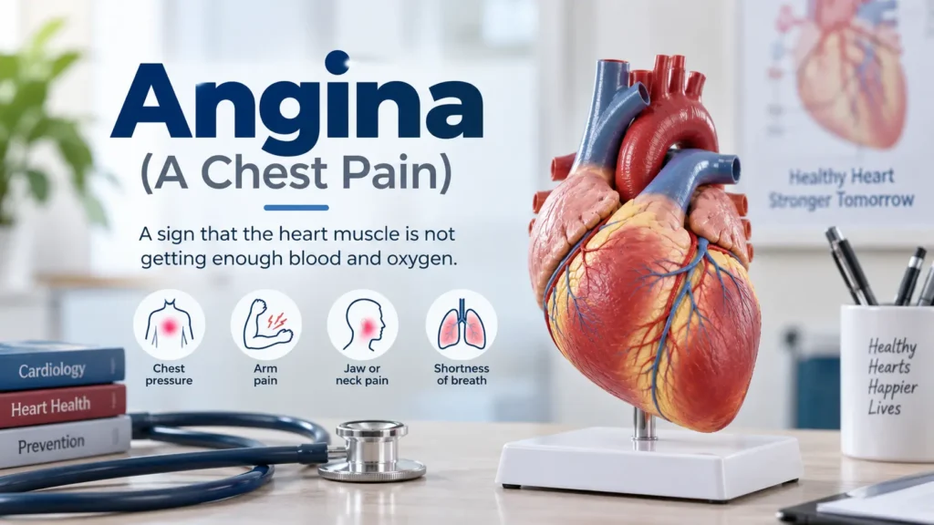 Angina symptoms including chest pain and pressure, arm pain, jaw or neck pain, and shortness of breath