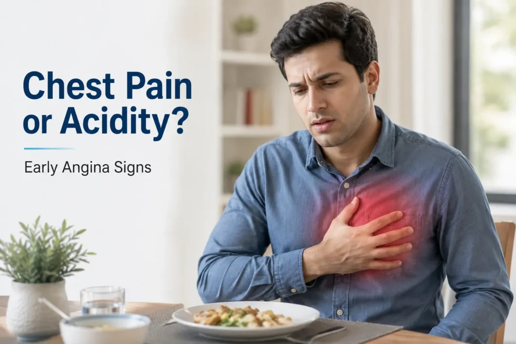 Young adult experiencing chest pain confused between acidity and angina warning signs before 40