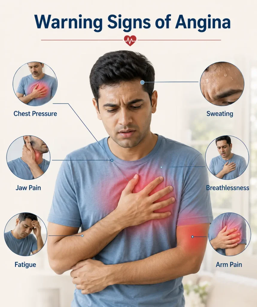Common angina warning signs before 40 including chest pain jaw pain sweating and breathlessness