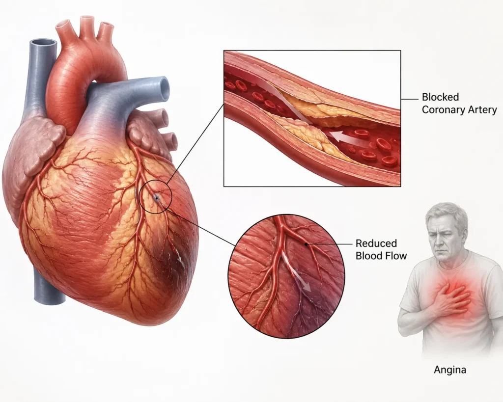 Blocked coronary arteries reducing blood flow and causing angina chest pain