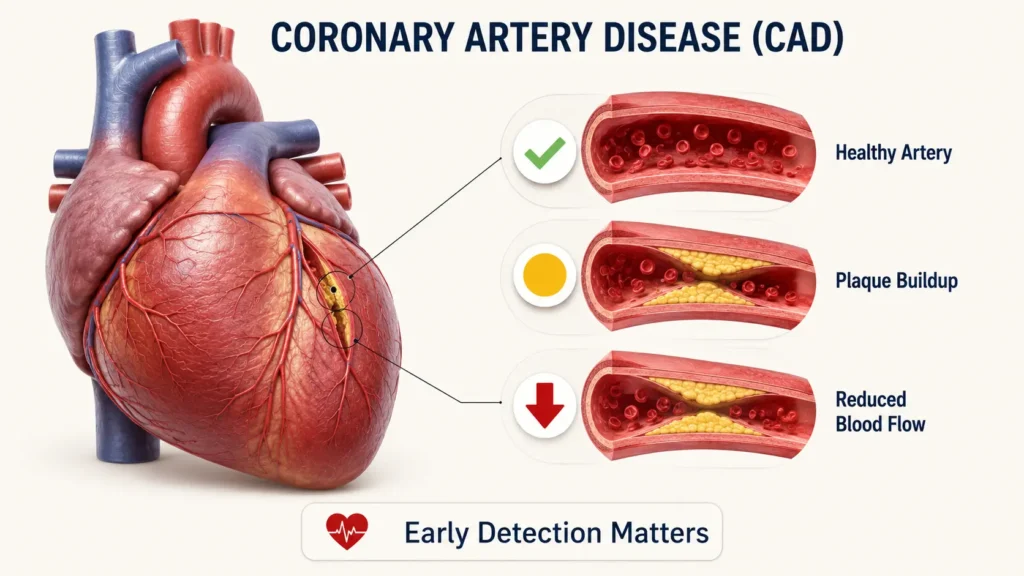 Coronary artery disease showing plaque buildup inside coronary arteries that reduces blood flow to the heart.