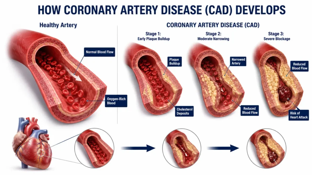 Early signs of coronary artery disease including chest discomfort, shortness of breath, fatigue, jaw pain, and reduced stamina.