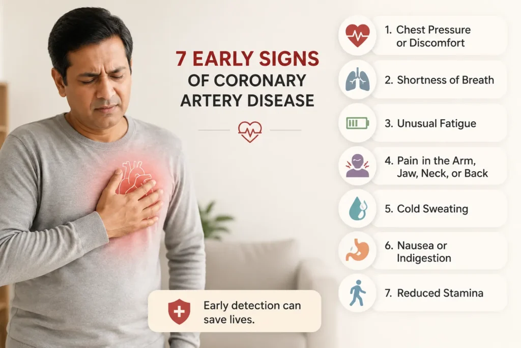 Person experiencing early symptoms of coronary artery disease including chest discomfort, shortness of breath, fatigue, jaw pain, and reduced stamina.