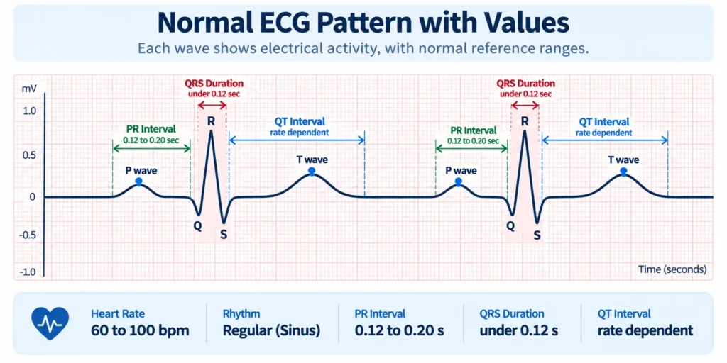 ECG normal range waveform showing P wave, QRS complex and T wave