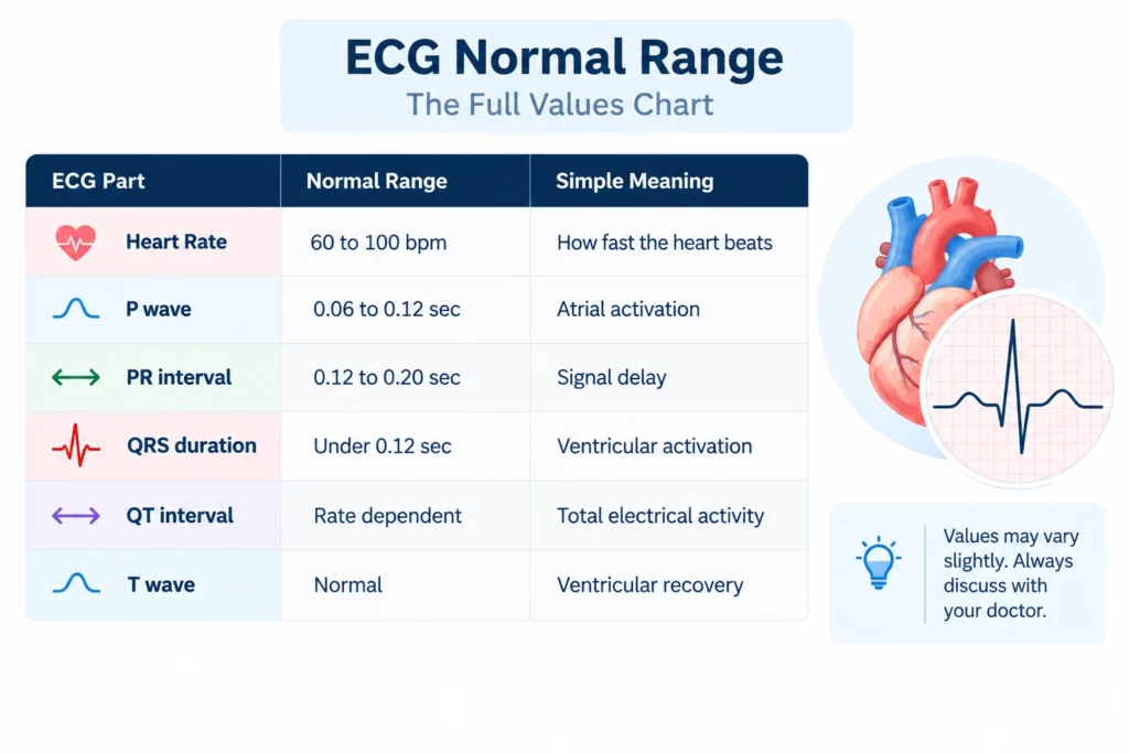 ECG normal range values chart with heart rate, PR, QRS and QT