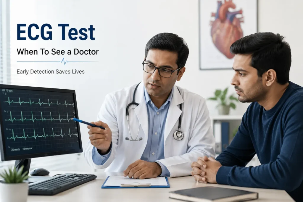 Young patient getting ECG test for angina warning signs before 40