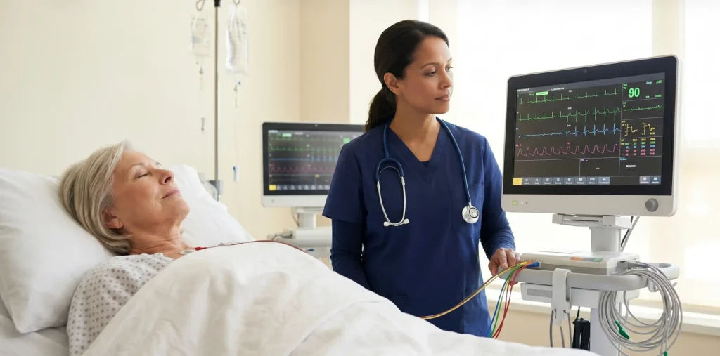 ECG test procedure with doctor monitoring patient heart activity