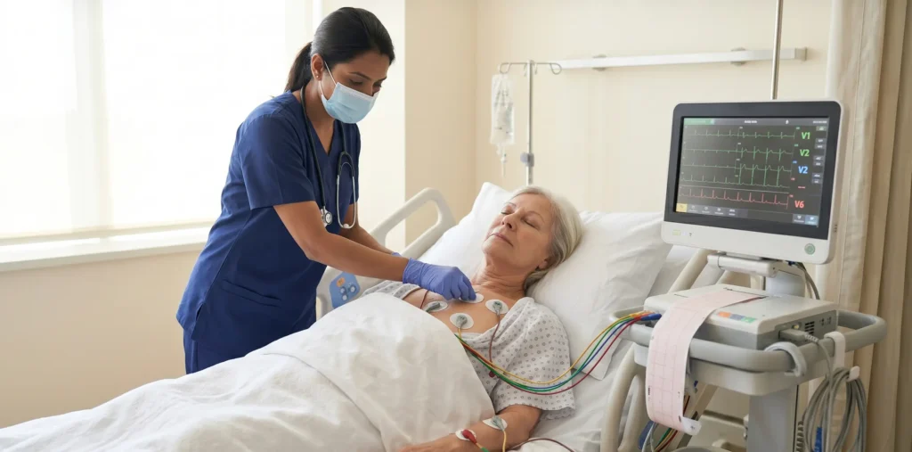 ECG test procedure with doctor placing electrodes on patient