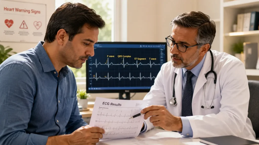ECG test results explained in simple words with heart warning signs