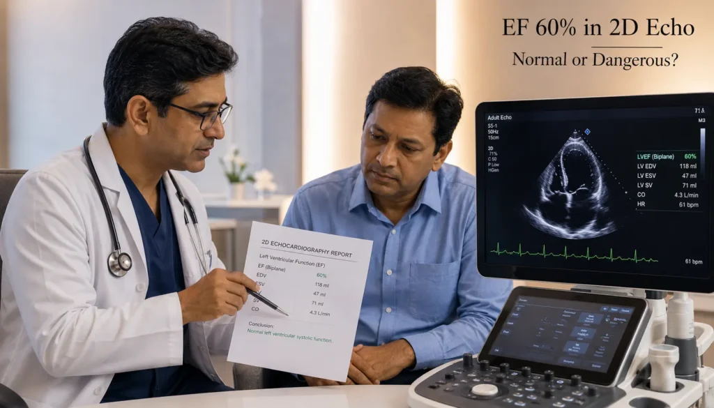 EF 60% in 2D Echo report explained by cardiologist