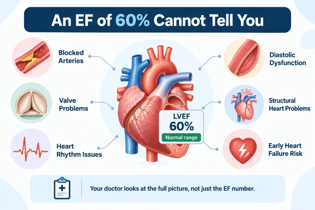 EF 60 means on an echo report and heart problems it cannot detect