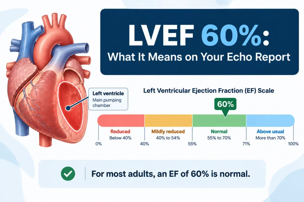 EF 60 means on an echo report, showing LVEF 60% in the normal range