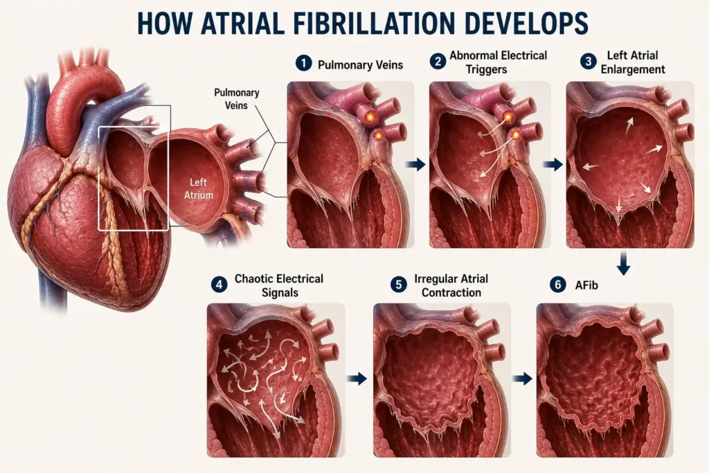 how atrial fibrillation develops inside the heart