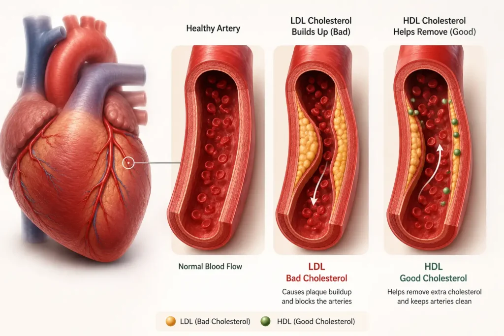 LDL vs HDL cholesterol inside heart arteries