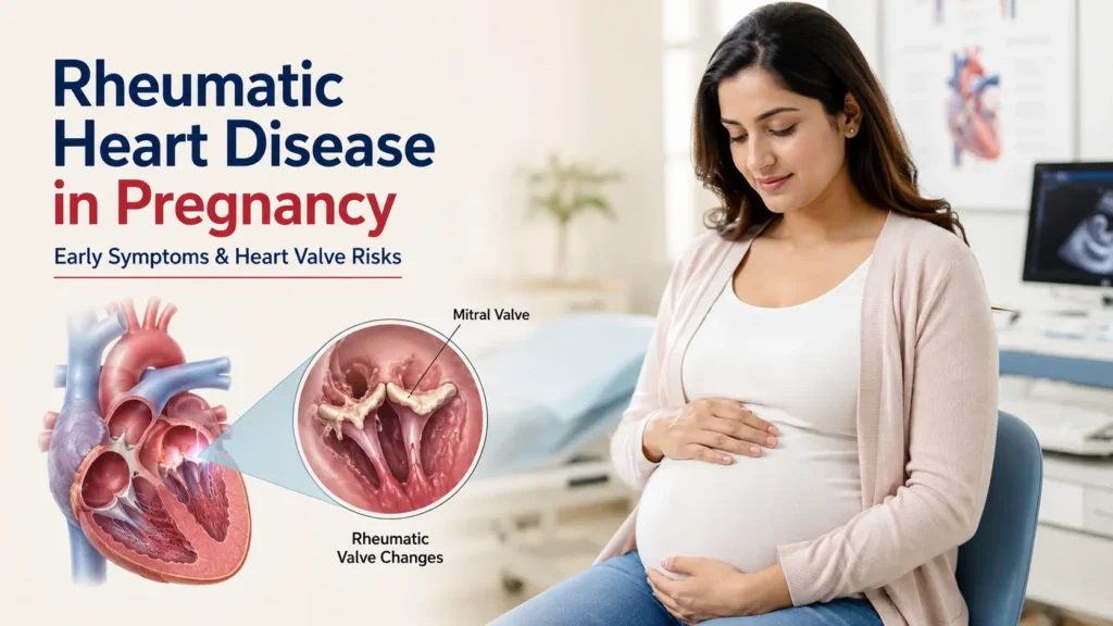 Rheumatic Heart Disease in Pregnancy showing a pregnant woman with mitral valve damage and early heart valve risk symptoms.