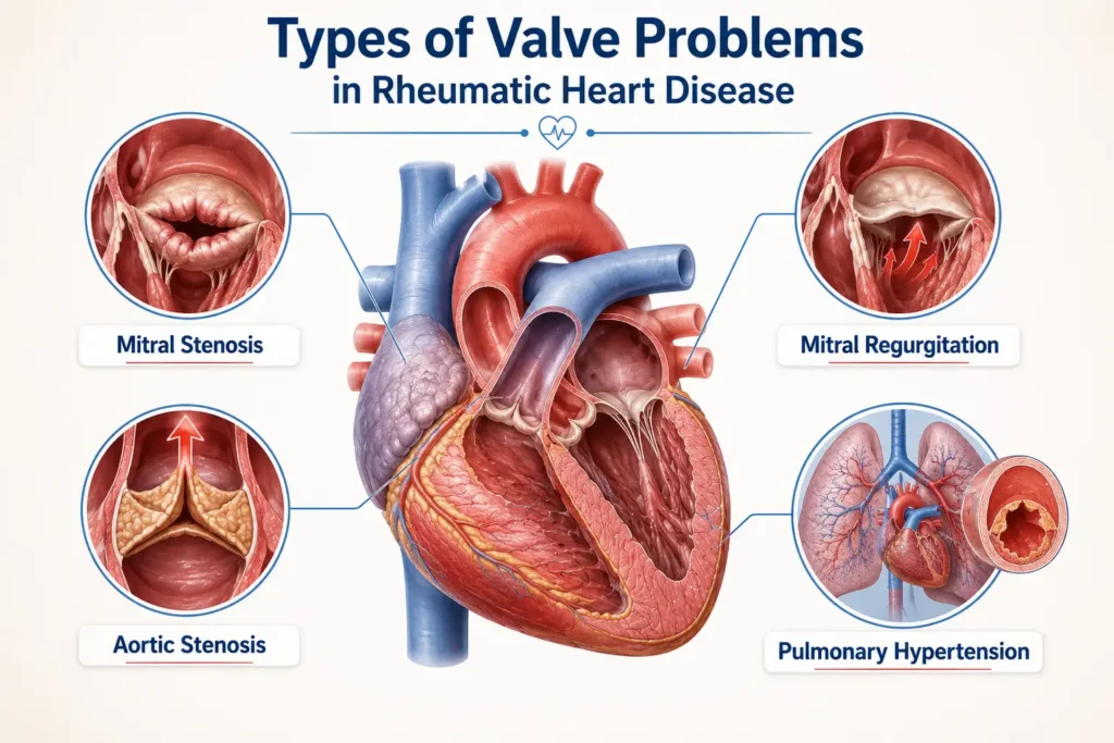 Types of valve problems in Rheumatic Heart Disease including mitral stenosis, mitral regurgitation, aortic stenosis, and pulmonary hypertension.