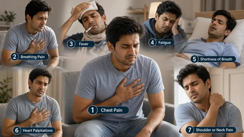 7 early pericarditis symptoms including chest pain, fever, fatigue, breathing pain, and heart palpitations
