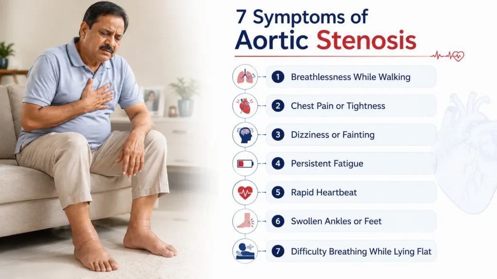 Symptoms of aortic stenosis including breathlessness chest pain dizziness and swollen feet