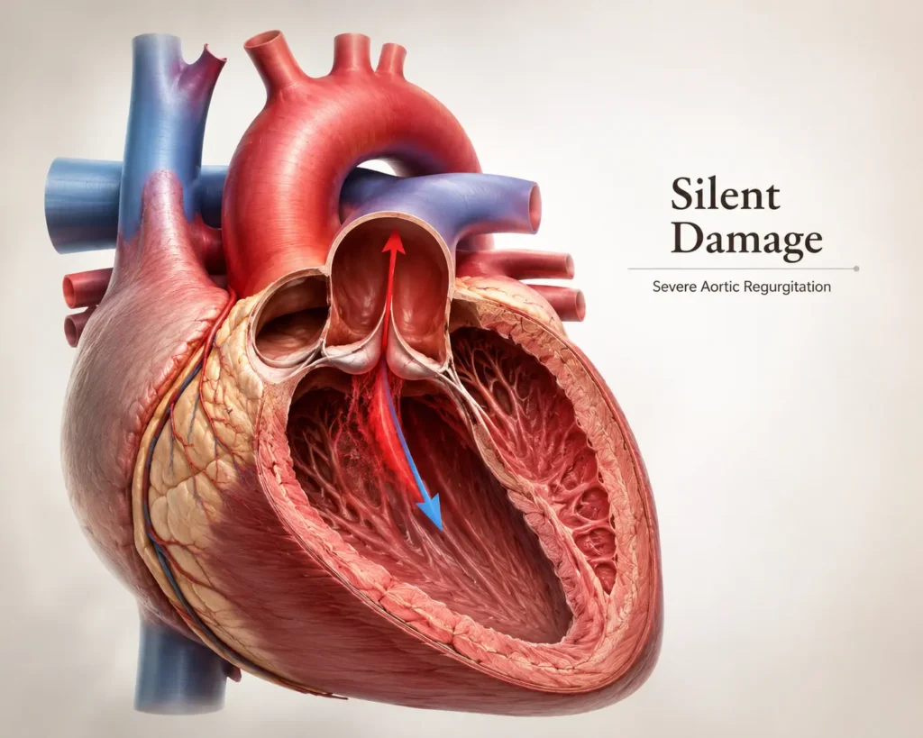 Severe aortic regurgitation causing backward blood flow through the leaking aortic valve