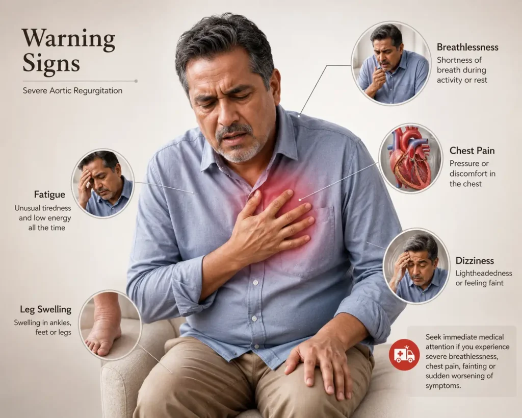 Symptoms of severe aortic regurgitation including breathlessness chest pain fatigue and leg swelling
