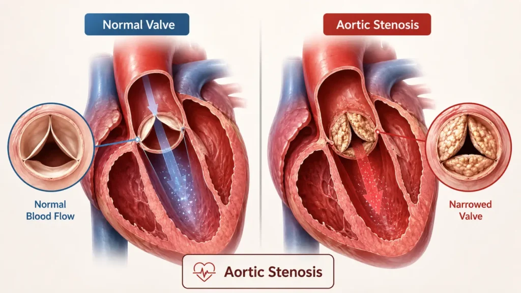 Diagram showing normal aortic valve vs narrowed valve in aortic stenosis
