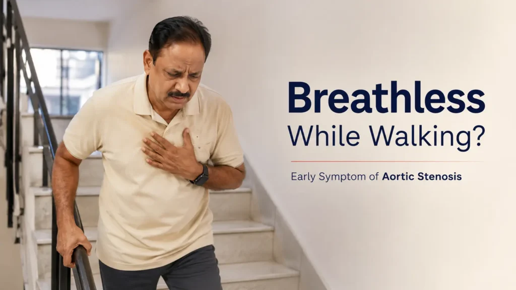 Middle-aged Indian man feeling breathless while walking due to aortic stenosis symptoms