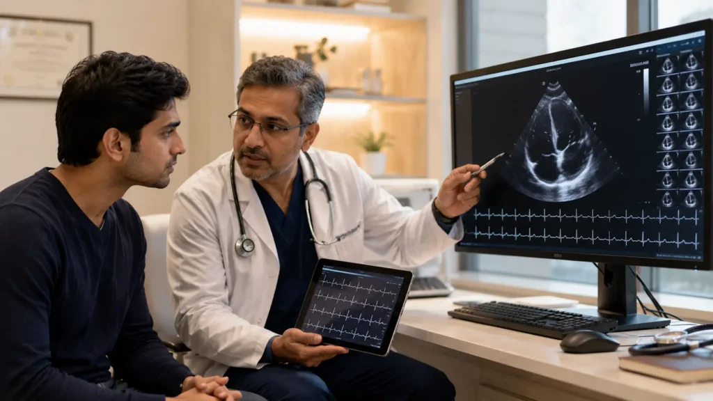 Cardiologist diagnosing pericarditis symptoms using ECG and 2D Echo