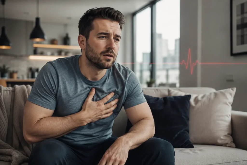 Middle-aged man experiencing cardiomyopathy symptoms in adults including chest discomfort and breathlessness at home