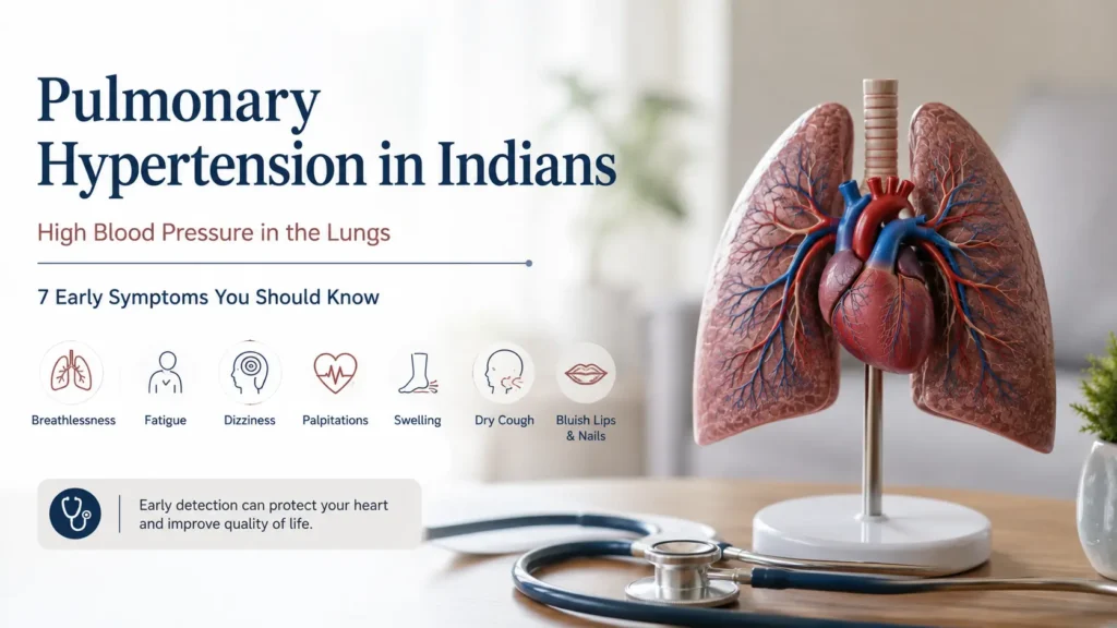 Early signs of pulmonary hypertension including breathlessness, fatigue, dizziness and swelling