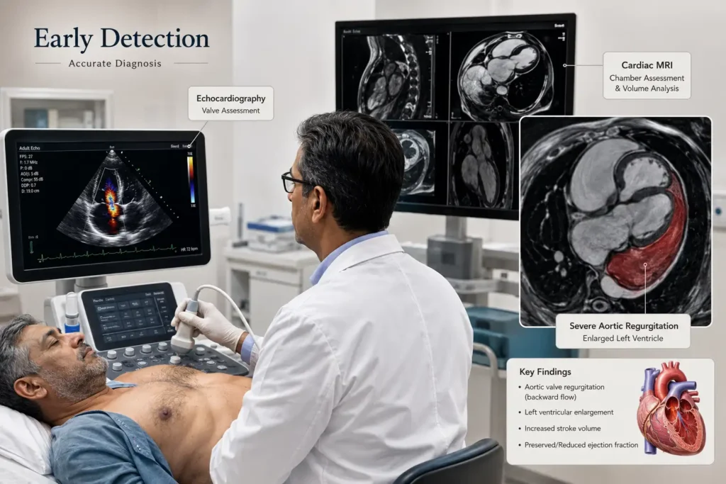 Echocardiography and cardiac MRI used to diagnose severe aortic regurgitation
