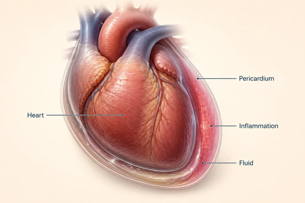 Medical illustration of inflamed pericardium and heart inflammation in pericarditis