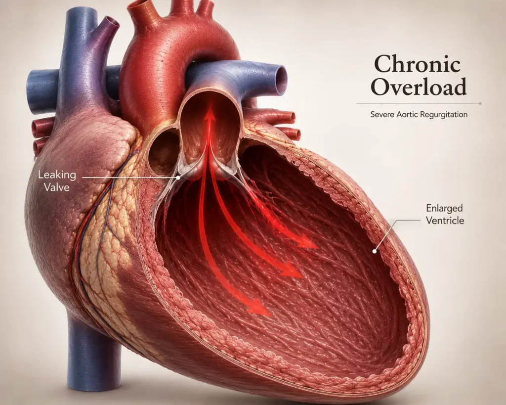 Enlarged left ventricle caused by chronic volume overload in severe aortic regurgitation