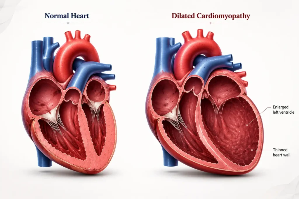 Comparison of a normal heart and dilated cardiomyopathy showing enlarged left ventricle and weakened heart wall