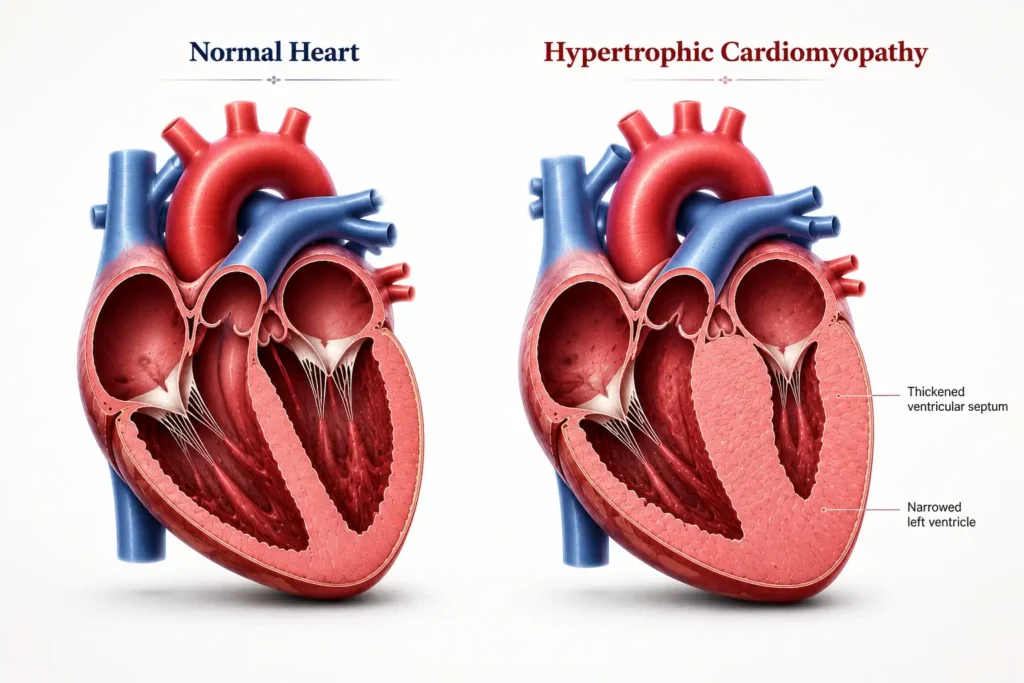 Comparison of a normal heart and hypertrophic cardiomyopathy showing thickened ventricular wall