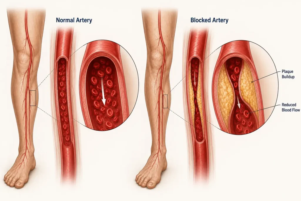 normal artery vs blocked artery in peripheral artery disease