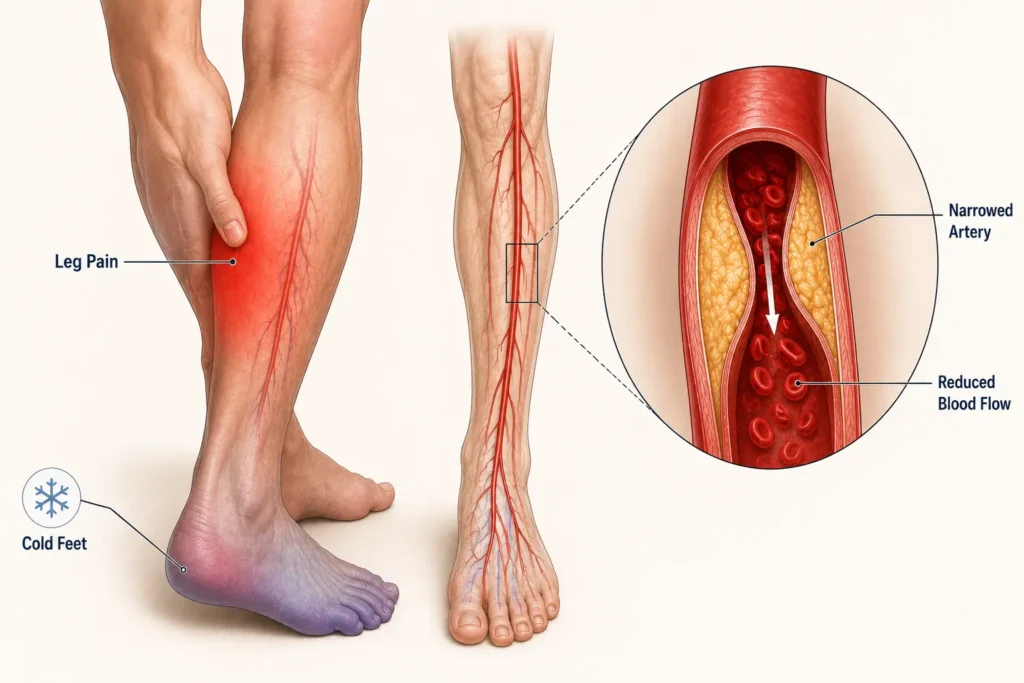 leg pain and cold feet caused by peripheral artery disease PAD