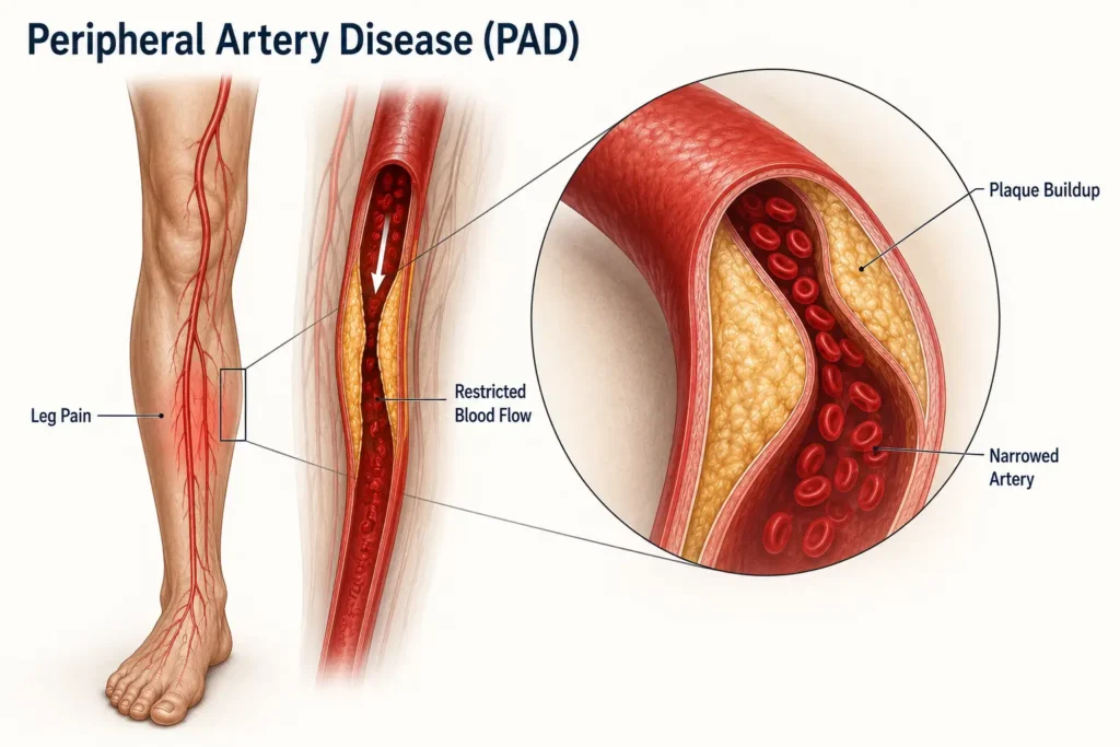peripheral artery disease PAD symptoms and reduced blood flow in leg arteries