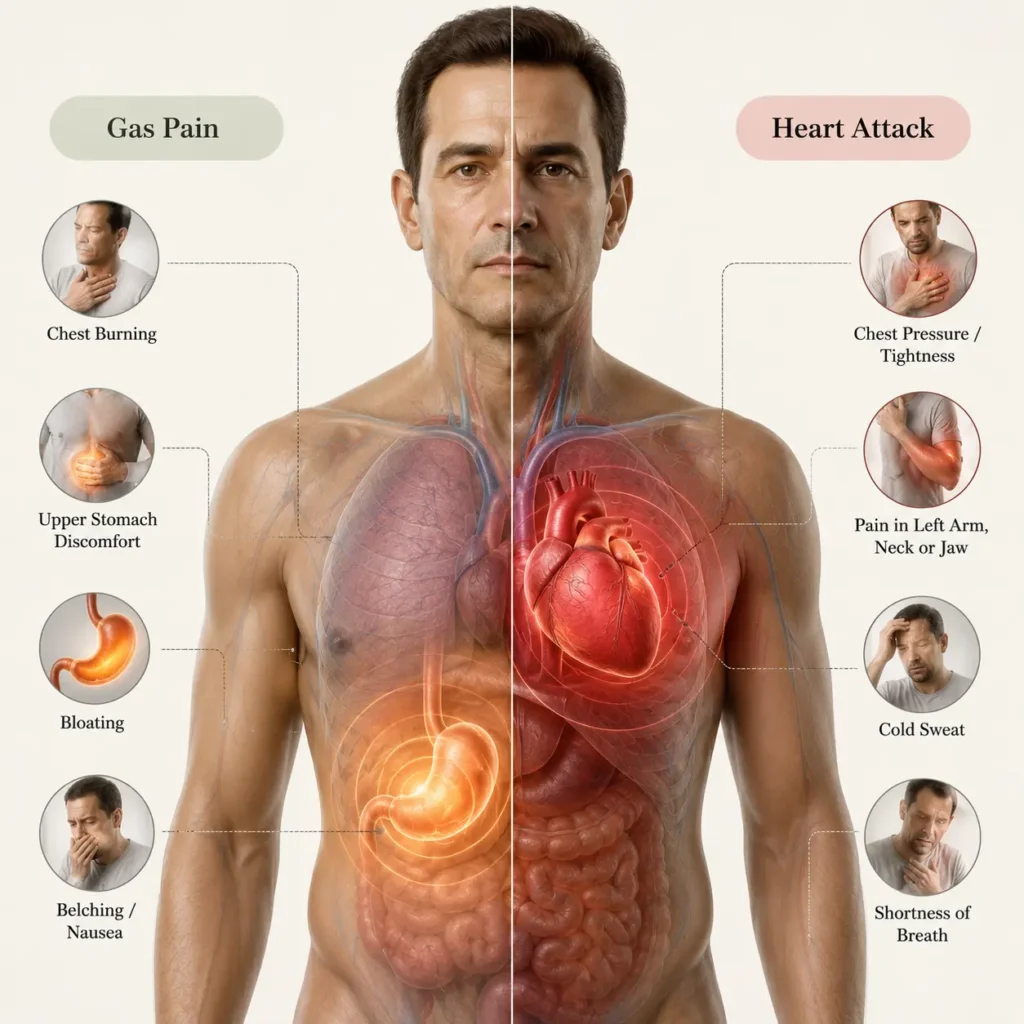 Gas pain vs heart attack symptoms comparison—chest and stomach anatomy