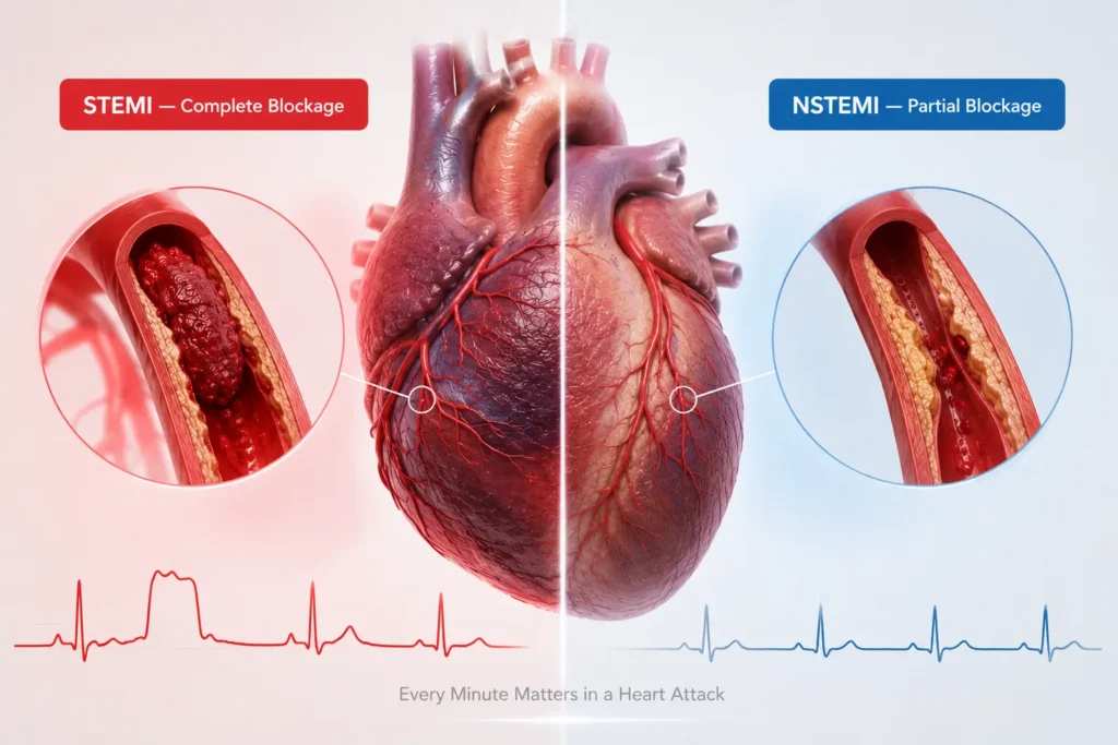 Coronary artery plaque buildup causing reduced blood flow and heart attack