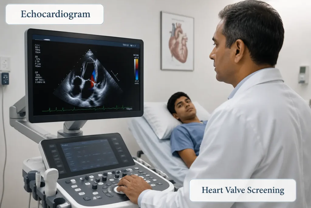 Doctor performing echocardiogram for rheumatic heart disease diagnosis