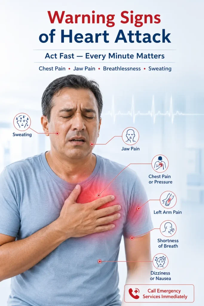 Warning signs of heart attack including chest pain jaw pain sweating and arm pain