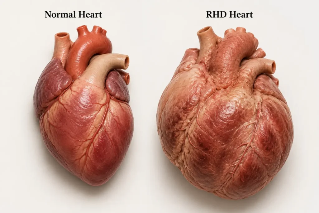 Comparison of a normal heart and rheumatic heart disease damaged heart
