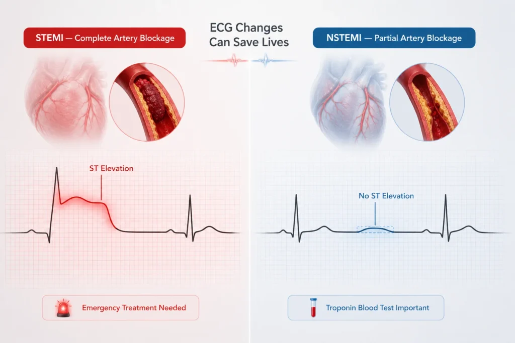 ECG comparison between STEMI and NSTEMI heart attack patterns