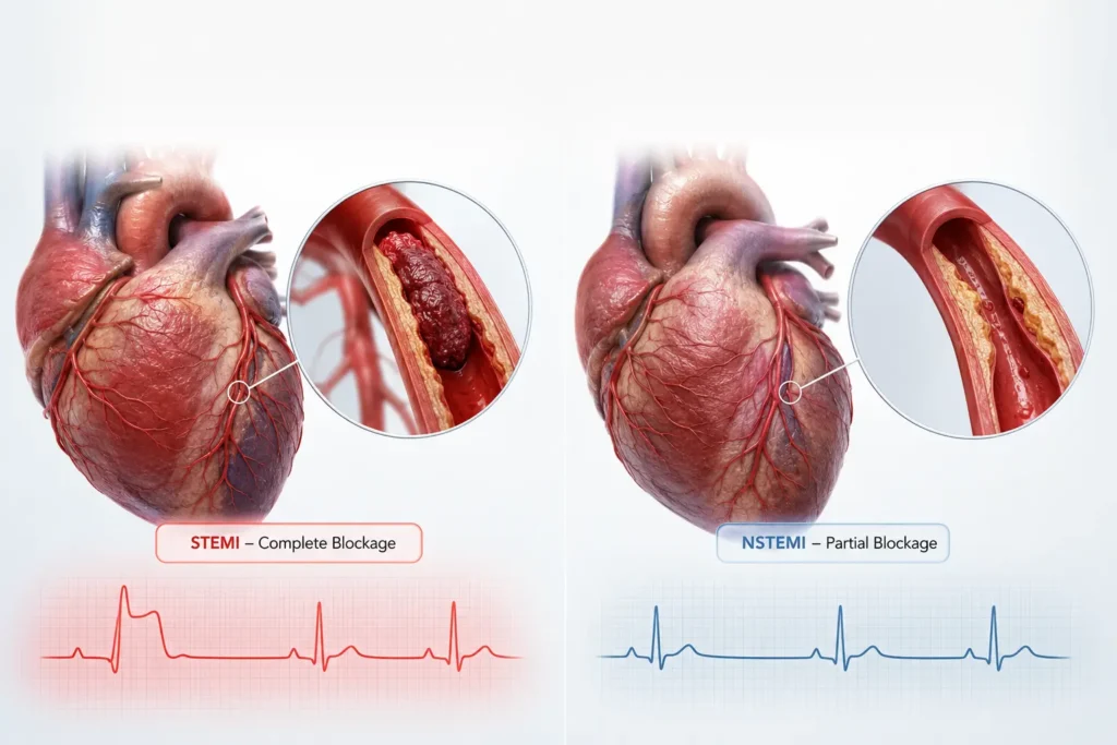 Difference between STEMI and NSTEMI heart attack showing complete vs partial artery blockage