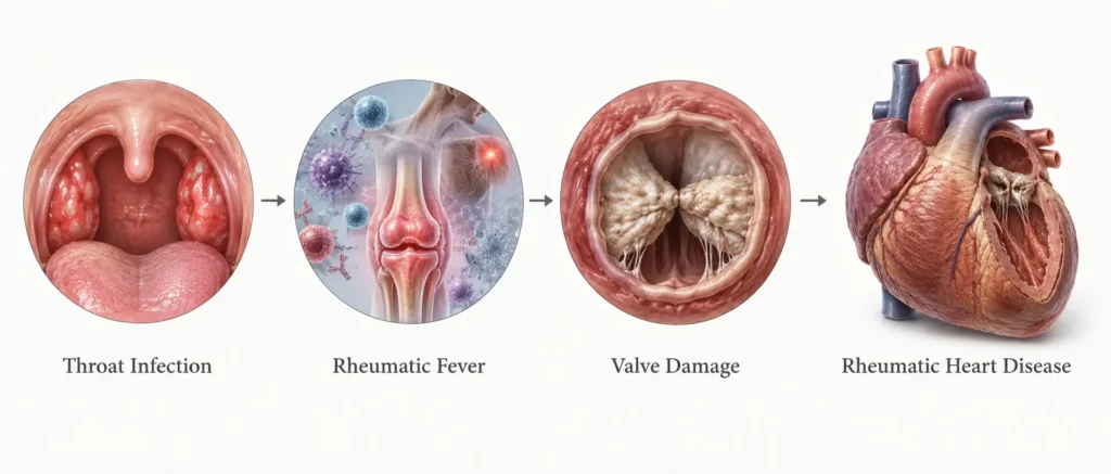 Medical infographic showing how throat infection leads to rheumatic heart disease