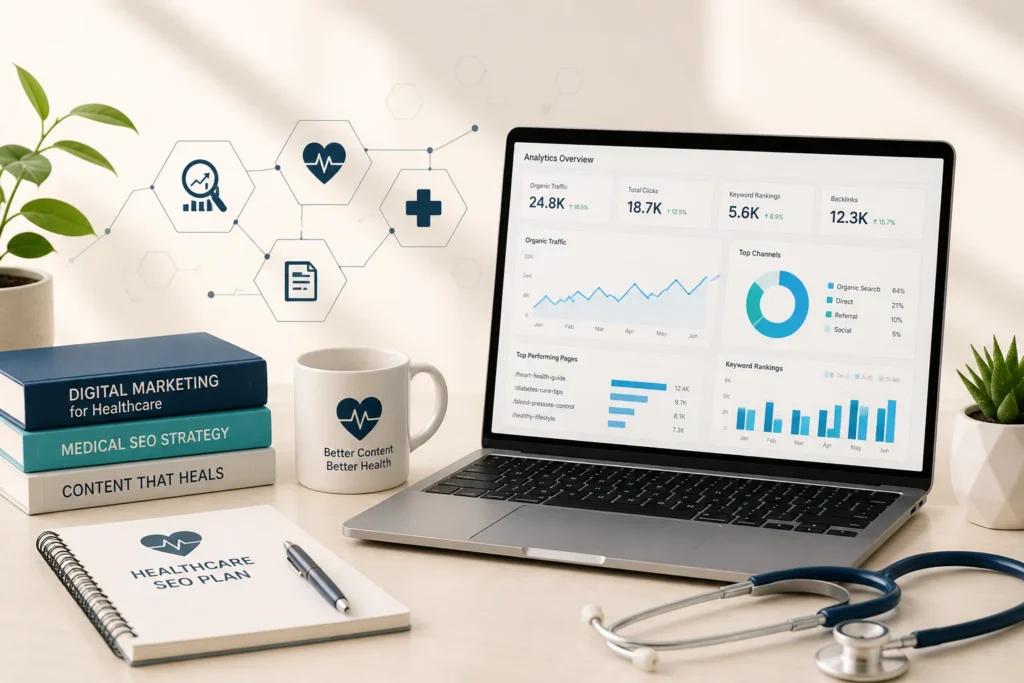 Healthcare SEO analytics and medical digital marketing workspace